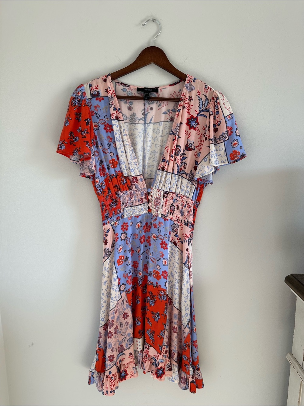Forever 21 Floral Patchwork V-Neck Mini Dress in Red, Pink & Blue